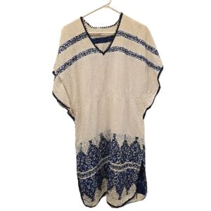 Greek Blue and White Embroidered V Neck Kaftan Style Dress Sz L